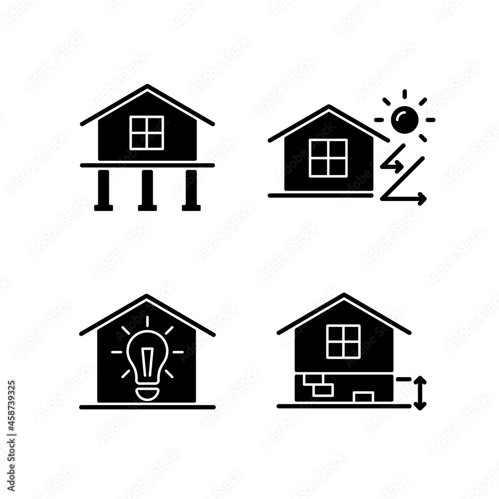 Residential building black glyph icons set on white space. Pile foundation. Thermal insulation. Electricity supply to home. Adequate plinth height. Silhouette symbols. Vector isolated illustration Residential building black glyph icons set on white space. Pile foundation. Thermal insulation. Electricity supply to home. Adequate plinth height. Silhouette symbols. Vector isolated illustration