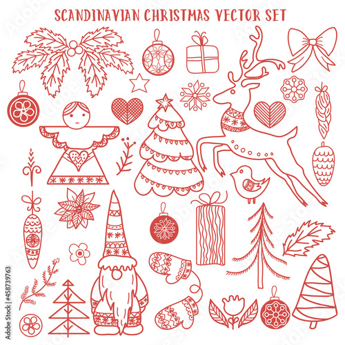 Scandinavian Christmas Vector Doodle Set. Angel, Gnome, Reindeer, Christmas Trees, Bird, Mittens, Christmas Balls, Stars, Stylized Flowers, Poinsettia, Pine Cone.