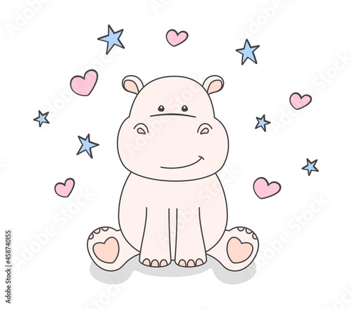 Little hippo on a white background with small blue stars and pink hearts. Cute smiling hippopotamus, tiny sitting behemoth. Vector illustration for poster, greeting card, banner, printing on apparel