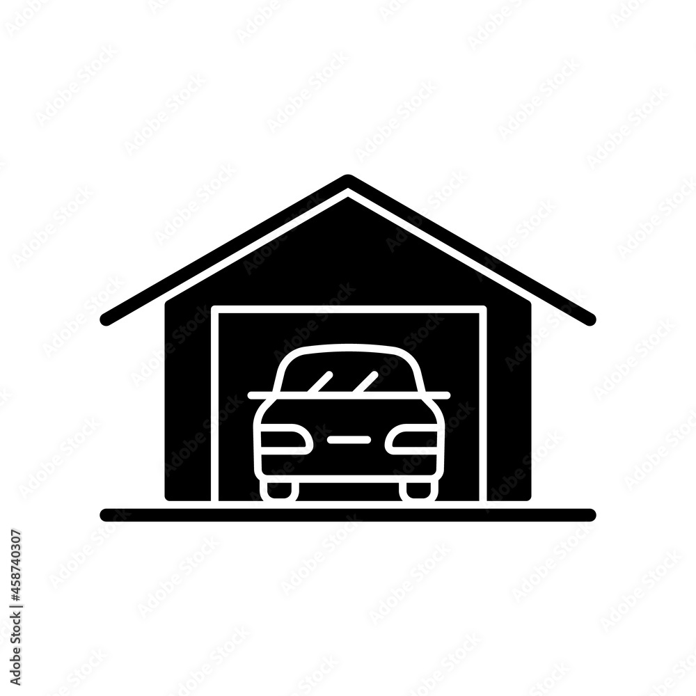Parking space nearby black glyph icon. Residential garage. Accessible space for vehicles. Reduce forcing parking on street. Silhouette symbol on white space. Vector isolated illustration Parking space nearby black glyph icon. Residential garage. Accessible space for vehicles. Reduce forcing parking on street. Silhouette symbol on white space. Vector isolated illustration