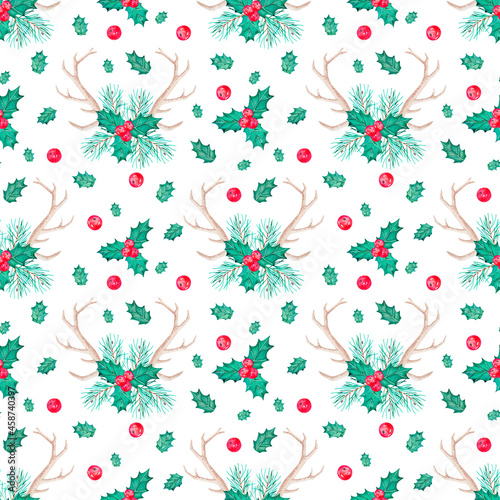 Watercolor pattern with Christmas plants and horns 1