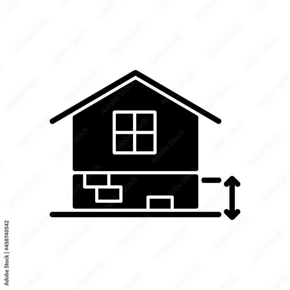 Adequate plinth height black glyph icon. Foundation construction. Footing depth. Building regulation. Residential construction. Silhouette symbol on white space. Vector isolated illustration Adequate plinth height black glyph icon. Foundation construction. Footing depth. Building regulation. Residential construction. Silhouette symbol on white space. Vector isolated illustration