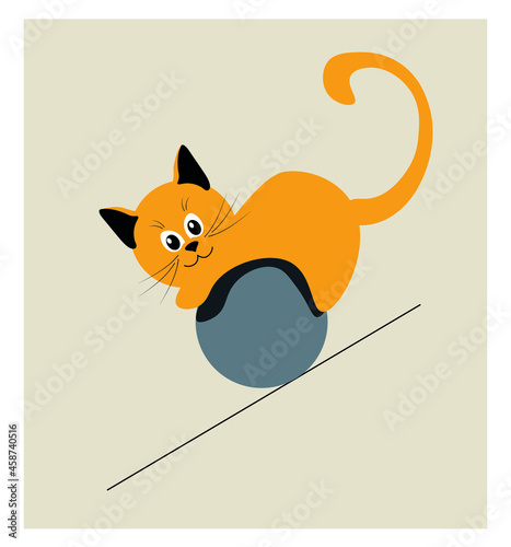 A playful kitten rolls down a ramp in a ball. Funny Editable Vector illustration. 