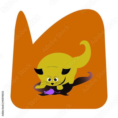 A embarrassed cat brings a dead mouse. Funny Editable Vector illustration. 