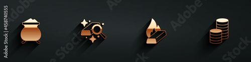 Set Molten gold being poured, Gold bars, and coin money icon with long shadow. Vector