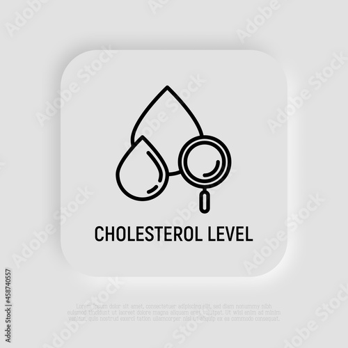 Cholesterol level thin line icon, blood drop with magnifying glass. Modern vector illustration of blood test.