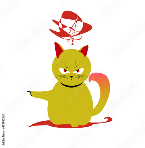 A very angry cat indicating the exit. Red and yellow cat isolated on white background. Funny Editable Vector illustration