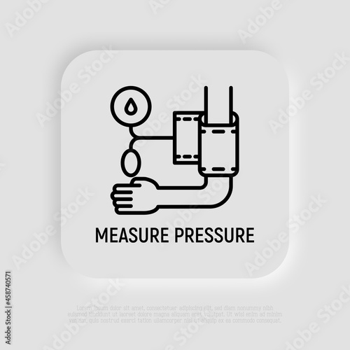 Measure pressure thin line icon, tonometer on hand. Modern vector illustration of medical procedure.