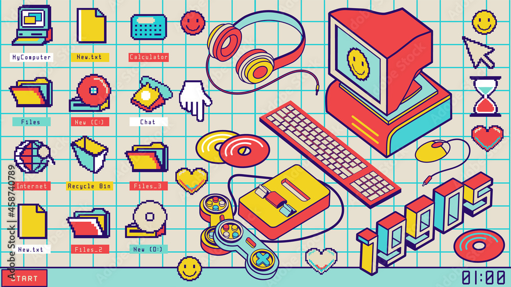 Retro pc folders, icons. Pixel shortcuts application: my computer, disk D, calculator, recycle bin. 90's desktop editable background .Old computer aesthetic illustration,  nostalgia sticker pack. - obrazy, fototapety, plakaty 