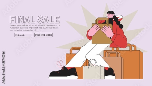 Happy satisfied woman hold shopping bags or presents. Concept of winter seasonal sale, christmas or new year market or fair. Online shopping banner, web page, ads with female character buy gifts.