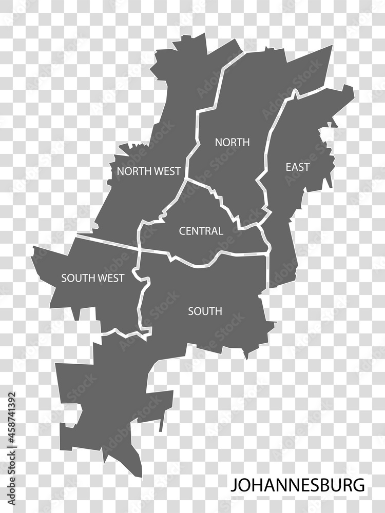 Obraz premium High Quality map of Johannesburg is a city of South Africa, with borders of the districts. Every region is with titles. Map of Johannesburg for your design. EPS10.