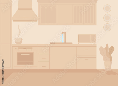 Beige monochrome kitchen flat color vector illustration