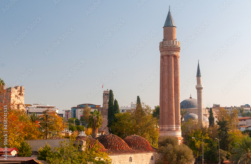 minaret tower in Antalya on a clear autumn day