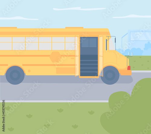 School bus outdoors flat color vector illustration