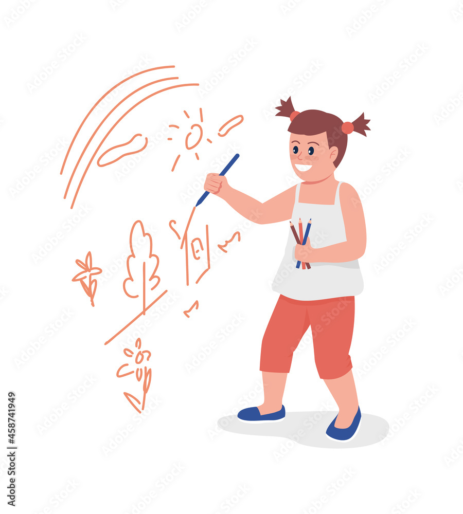 Toddler girl drawing on wall semi flat color vector character Toddler girl drawing on wall semi flat color vector character