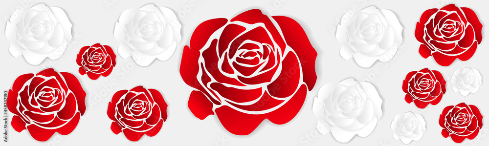 Vector banner with pink and white roses. Vector illustration.