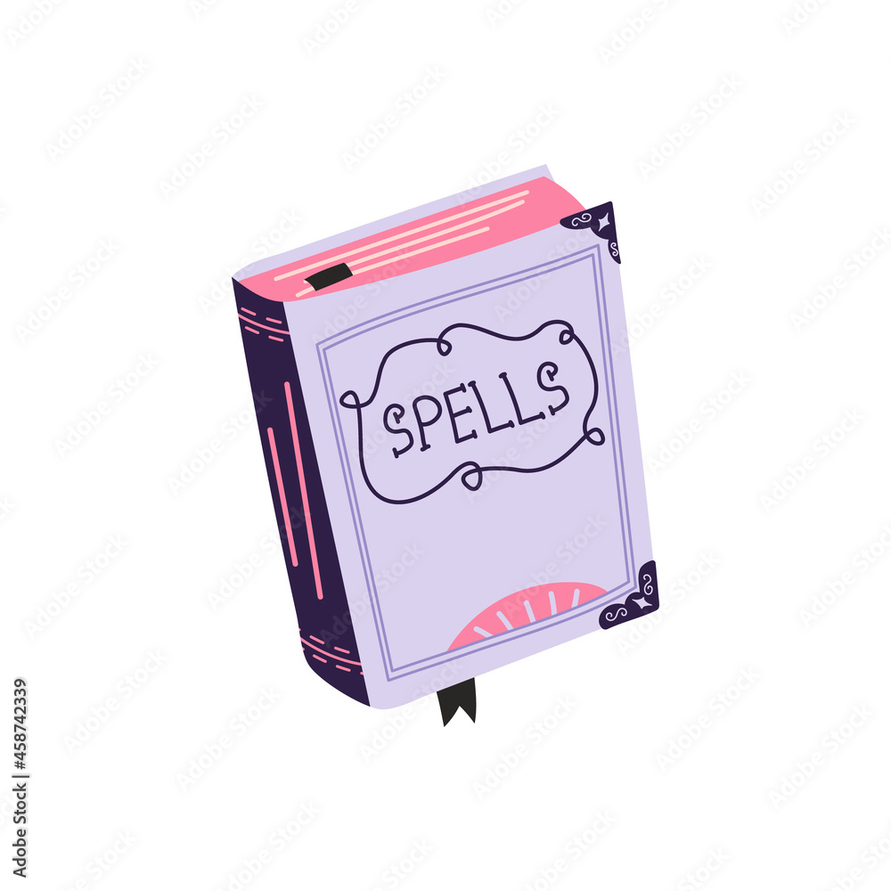 Magic book with spells vector illustration isolated on white background. Halloween decoration.