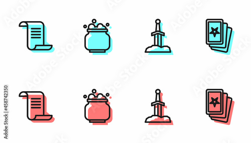 Set line Sword in the stone, Ancient magic book, Witch cauldron and Three tarot cards icon. Vector