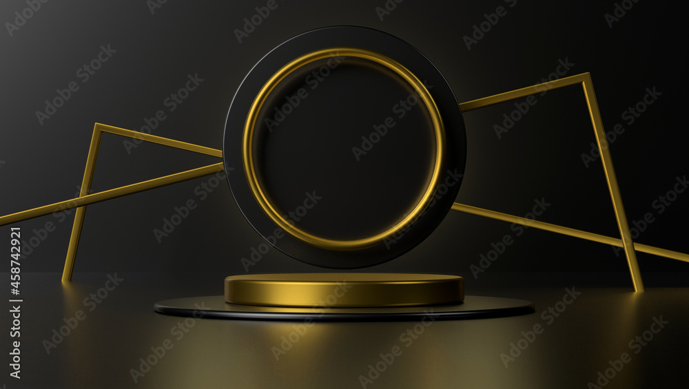 Abstract stand podium. Black and gold geometric platform. Luxury scene for demonstration of cosmetic products, Showcase, 3D Rendering Abstract stand podium. Black and gold geometric platform. Luxury scene for demonstration of cosmetic products, Showcase, 3D Rendering