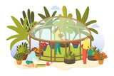 Greenhouse with plant, vector illustration, flat woman man people character gardening plant, growing nature in flower pot, hobby in outdoor garden.
