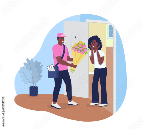 Man delivering bouquet 2D vector isolated illustration