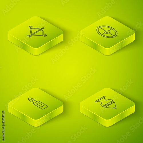 Set Isometric line Greek shield, Bottle of olive oil, Ancient amphorae and Medieval bow with arrow icon. Vector