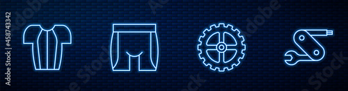 Set line Bicycle sprocket crank, Cycling t-shirt, shorts and Swiss army knife. Glowing neon icon on brick wall. Vector