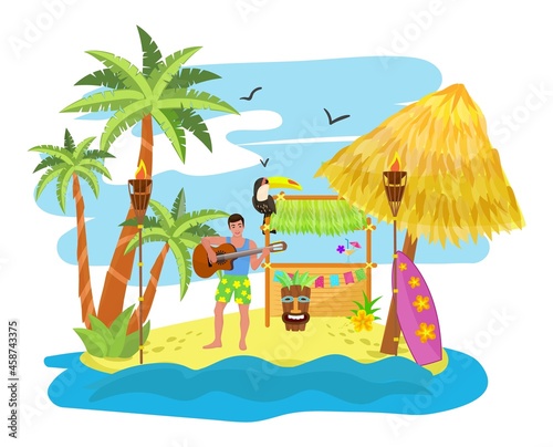 Tropical party, vacation at hawaii, vector illustration, summer travel at exotic hawaiian beach design, men character play music at guitar.