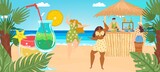 Beach vacation at summer sea, vector illustration, tiny man woman character at tropical bar, fruit cocktail glass near palm, ocean nature.