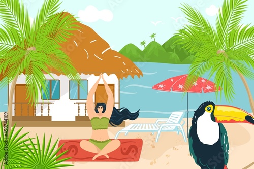 Yoga relax at tropical summer, vector illustration, flat girl character lifestyle, young woman meditation for body relaxation, outdoor