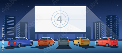 Open air parking. Car cinema with white screen and counting down the numbers to the start of the movie. Drive-in cinema theater at night. Cartoon illustration.