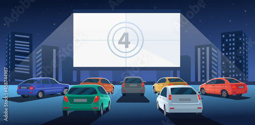 Open air parking. Car cinema with white screen and counting down the numbers to the start of the movie. Drive-in cinema theater at night. Cartoon illustration.