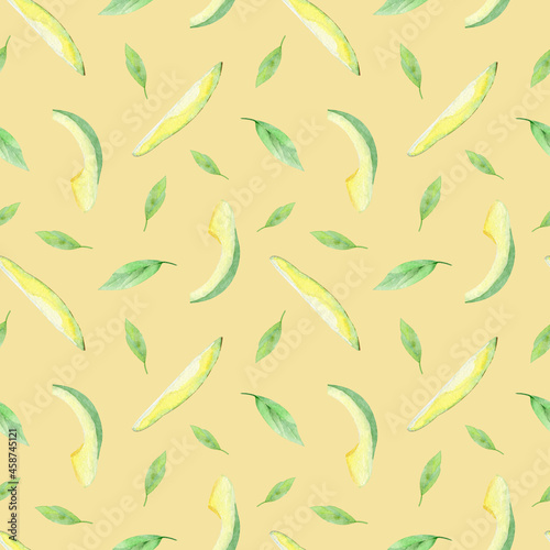 watercolor seamless pattern avocado with leaves on beige background