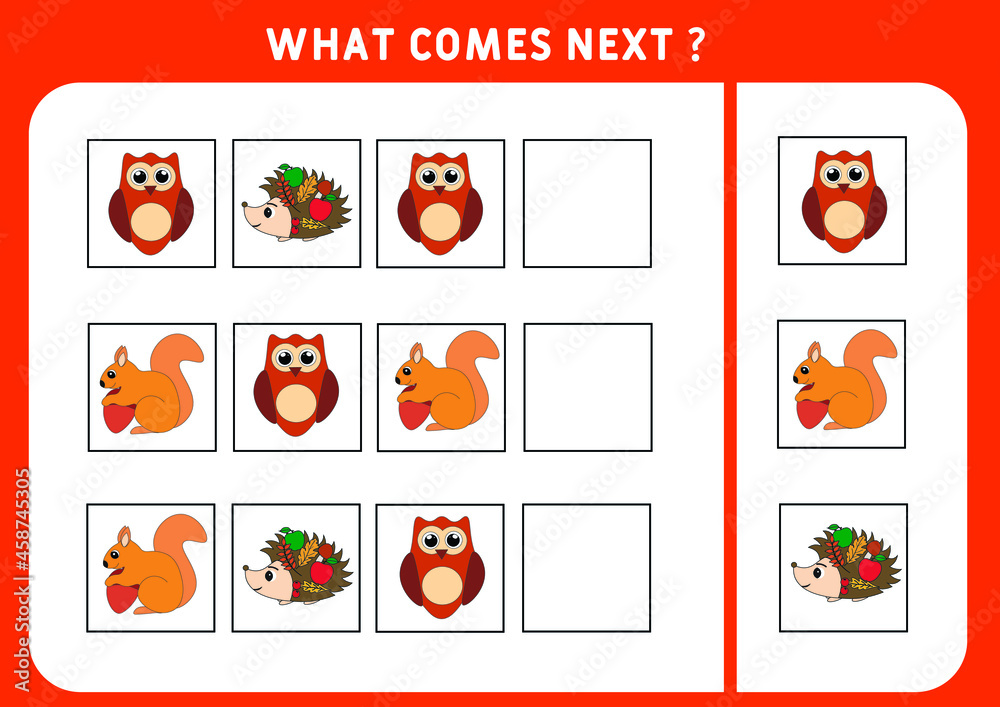 What comes next with cute animals. Vector illustration. Educational logical game for kids. Continue the sequence. Activity page for preschoolers. What comes next with cute animals. Vector illustration. Educational logical game for kids. Continue the sequence. Activity page for preschoolers.