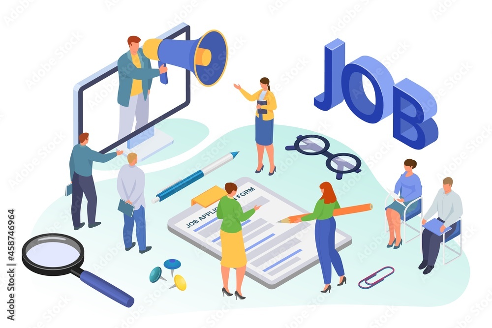 Job recruiting isometric, vector illustration, employment for tiny man woman character, flat person use loudspeaker for hr work, candidate Job recruiting isometric, vector illustration, employment for tiny man woman character, flat person use loudspeaker for hr work, candidate
