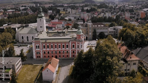 Drone flight over iconic Ruzomberok town hall in Slovakia,  Europe photo