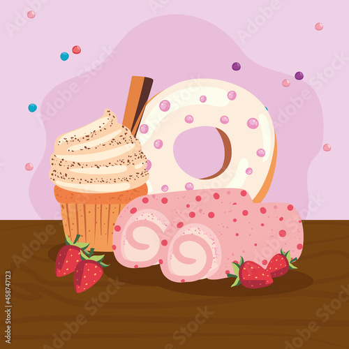 cupcake with rolls and donut