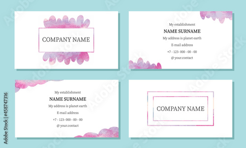 Business card template. Business card with watercolors in pink colors. Perfect for individual entrepreneurs, small and large businesses, enterprises. Vector illustration.