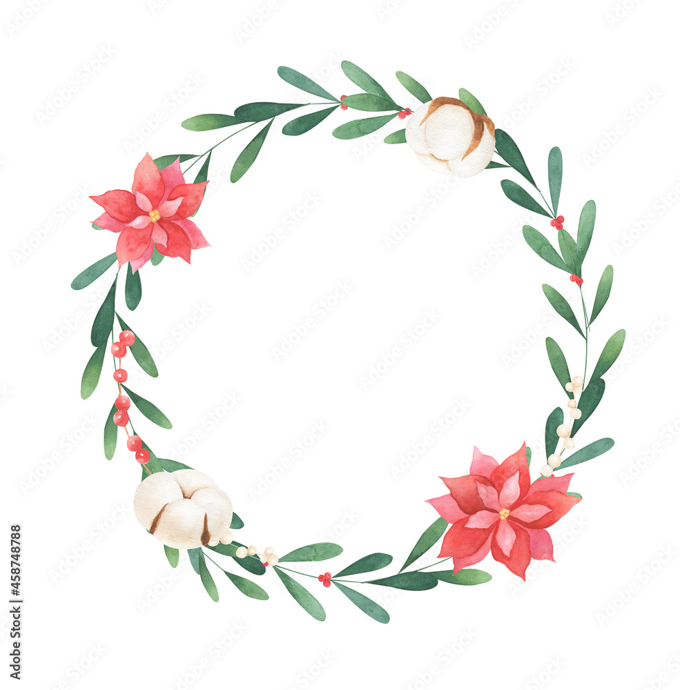 Watercolor Christmas holiday wreath, frame isolated on white background. Perfect for greeting cards. Watercolor Christmas holiday wreath, frame isolated on white background. Perfect for greeting cards.