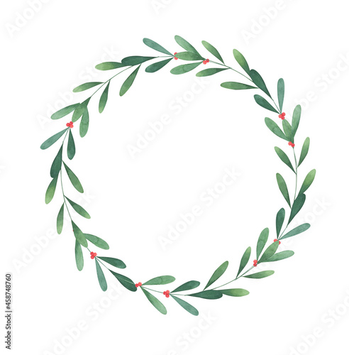 Watercolor Christmas holiday wreath, frame isolated on white background. Perfect for greeting cards. 