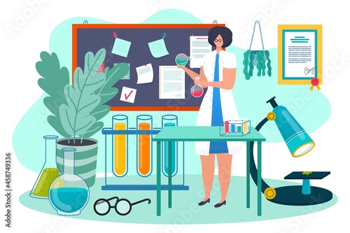 Medical research at laboratory, vector illustration. Medicine science chemistry, scientist woman character use lab test tube for biology analysis.
