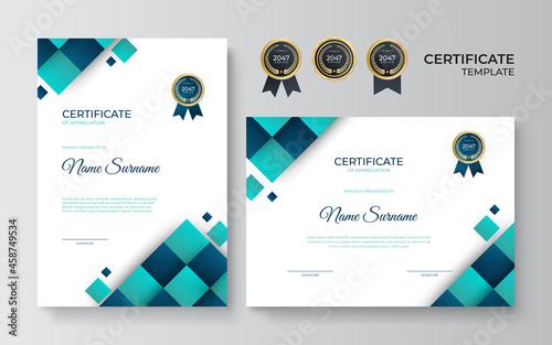 Set certificate template with blue green geometric dynamic and futuristic polygonal color and modern background. Blue certificate design in professional style.