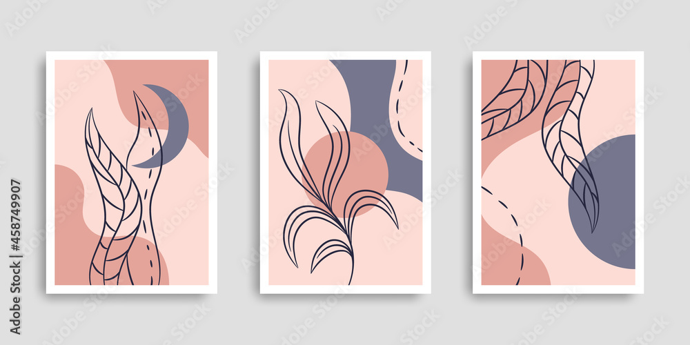 Botanical wall art set. Plants and abstract shapes in hand drawn style. Vector illustration line art. Collection covers. Modern wall. Design for print poster, cover, wallpaper. Stock Botanical wall art set. Plants and abstract shapes in hand drawn style. Vector illustration line art. Collection covers. Modern wall. Design for print poster, cover, wallpaper. Stock