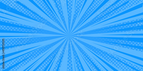 Halftone comic background. Blue wallpaper template with superhero design. Vector illustration in pop art style