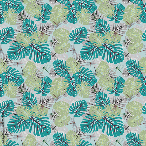 Variation2 Tropical Eden dragonfly seamless vector pattern 