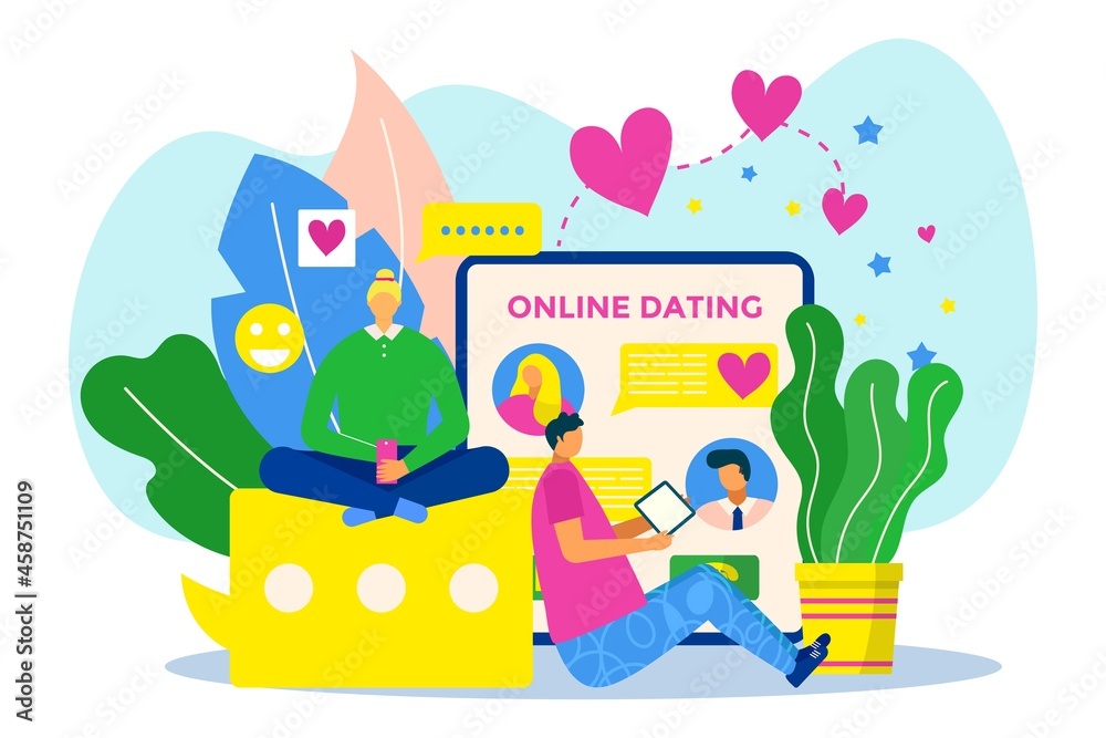 Fototapeta premium Online date at mobile application, vector illustration, love couple man woman character use smartphone for dating, chat in internet social media.