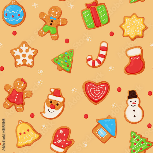 Christmas oatmeal cookies seamless pattern vector flat illustration. Ginger biscuit sweet dessert