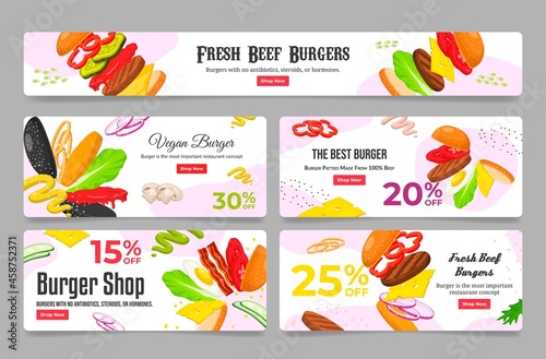 Set fresh beef burgers landing page vector flat illustration. Fast food online order menu discount