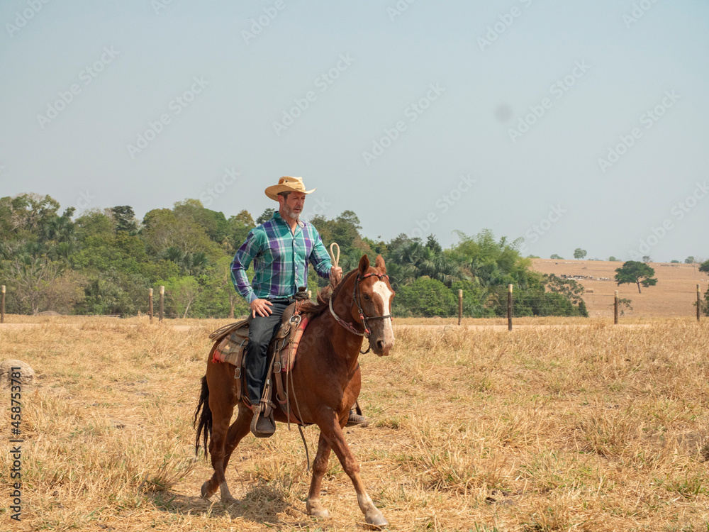 Cowboy is riding his horse on a cattle farm with very dry land Cowboy is riding his horse on a cattle farm with very dry land