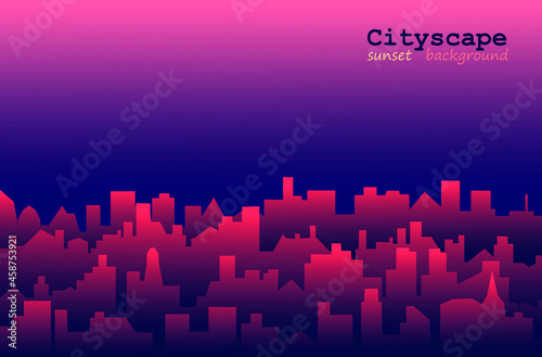 Horizontal morning or evening landscape of modern city. Cityscape with sunrise or sunset background. Vector illustration silhouettes of city buildings.